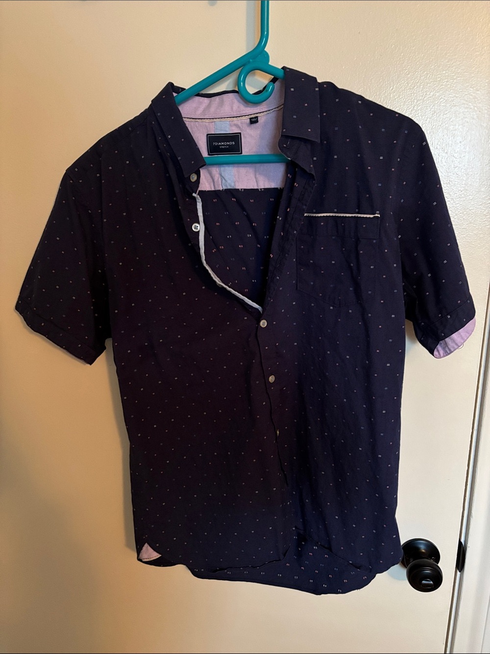7 Diamonds Men's Navy Short Sleeve Button-Down Golf Shirt with Micro line Print